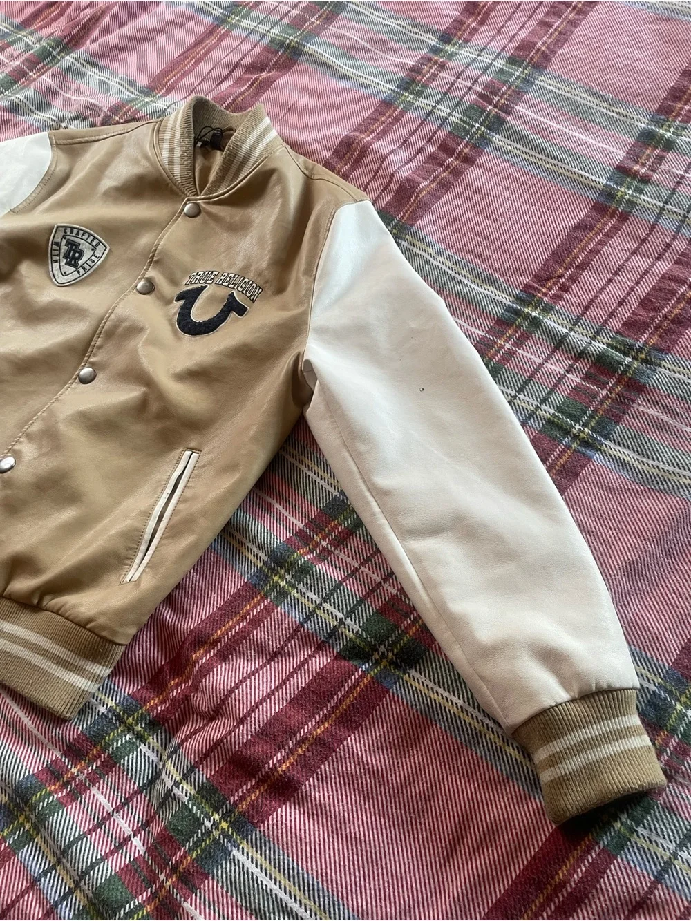 True Religion Tan and White Varsity Jacket